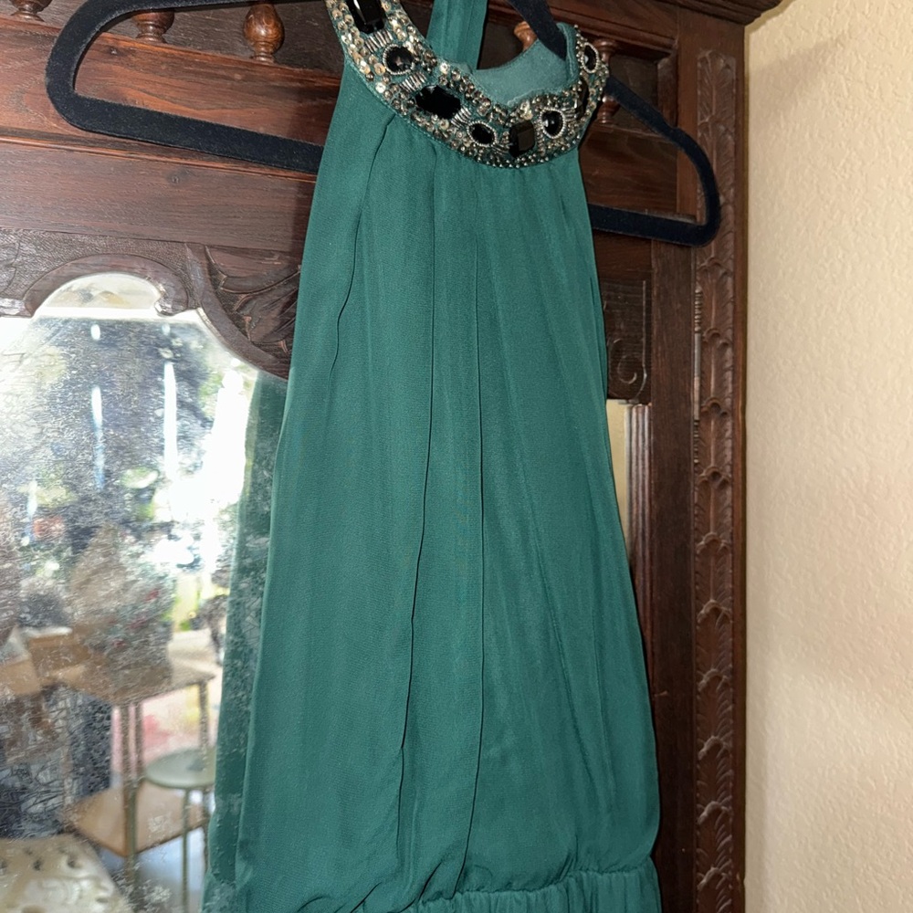 Bisou Bisou Dark Green Formal Dress with Beaded Neckline
